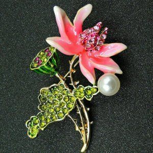 Hot Pink ORCHID Lotus Pearl Flower Pendant Brooch